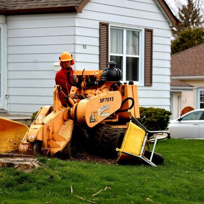 A stump grinder machine parked on a residential lawn